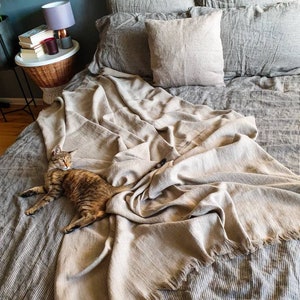 Heavy raw linen blanket, softened rustic linen couch cover, farmhouse inspire beige fringed linen throw beach wrap, rough texture sofa throw