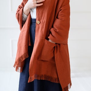 Wide linen scarf with pockets and button, wide and long white yellow red rust pink green linen shawl, blue black coral oversized linen scarf image 5