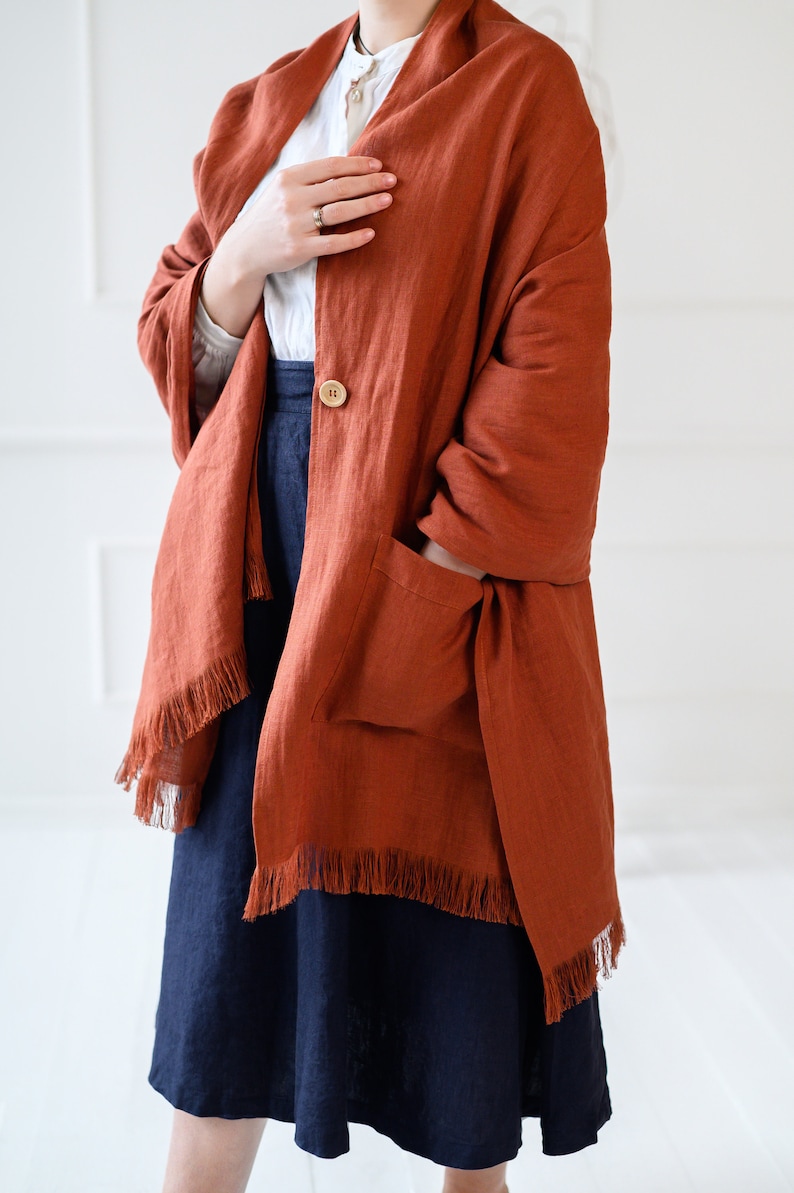 Wide linen scarf with pockets and button, wide and long white yellow red rust pink green linen shawl, blue black coral oversized linen scarf image 5