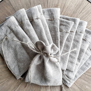 Set of 12 Natural rustic linen bag, burlap drawstring bag set, favor linen bag set, raw linen rustic decor bags