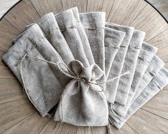 Set of 12 Natural rustic linen bag, burlap drawstring bag set, favor linen bag set, rough linen rustic decor bags