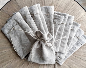 Set of 12 Natural rustic linen bag, burlap drawstring bag set, favor linen bag set, raw linen rustic decor bags