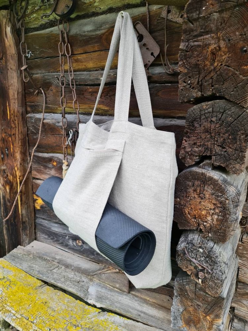 Linen Yoga Bag Rough Linen Tote Bag With Yoga Mat Pocket Etsy