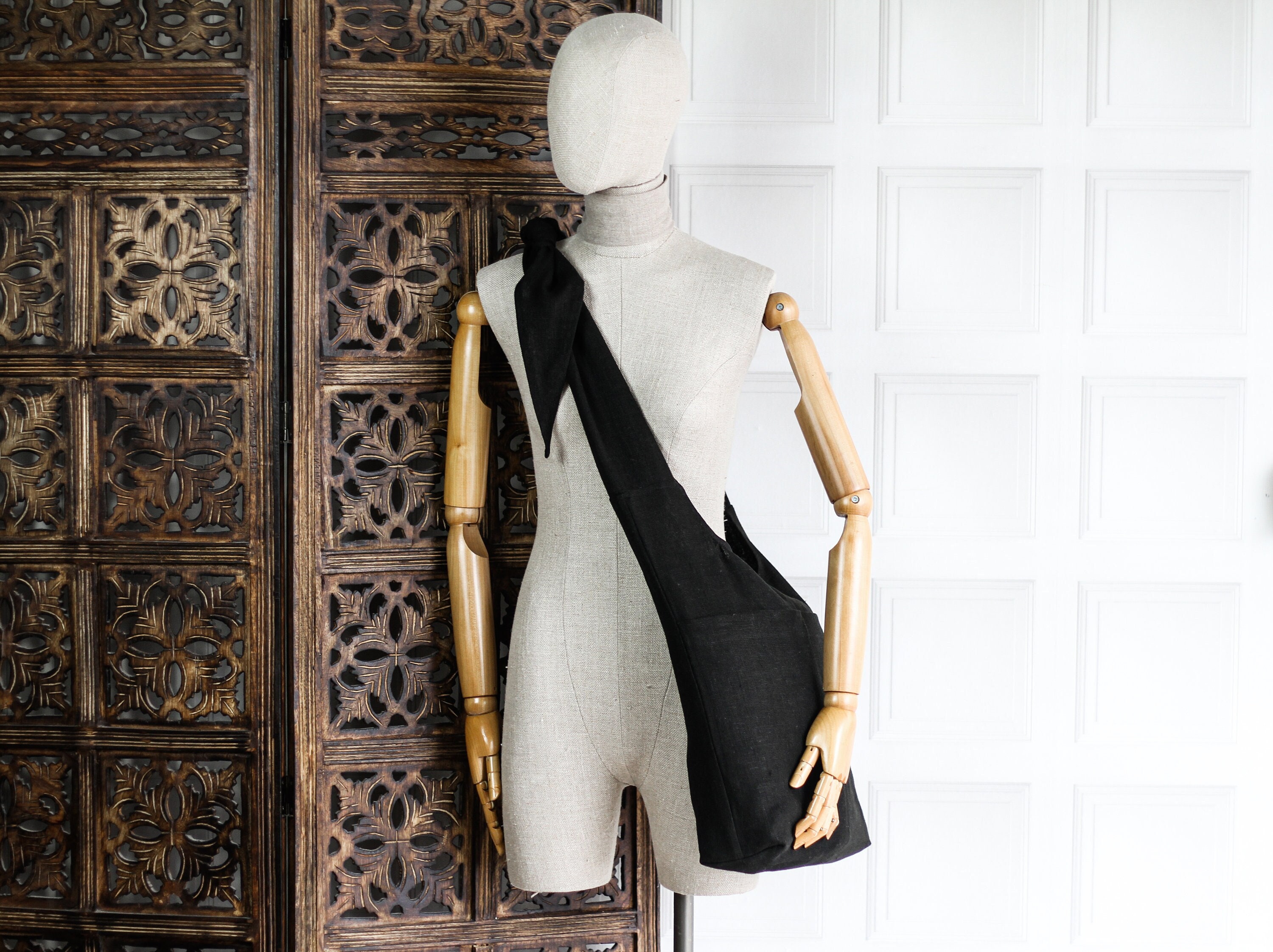 Black Linen Tsuno Tote Bag, Raw Linen Shoulder Bag, Heavy Linen  