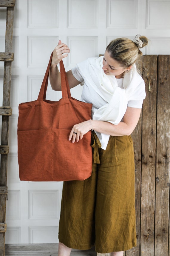 Washed Linen Tote Bag Black Brown White Red Yellow Rust Green - Etsy