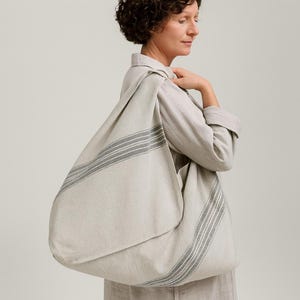 Linen origami bag, double-sided raw linen tote bag, striped triangle tote bag, large oversized shopping bag, vintage burlap Japanese tote