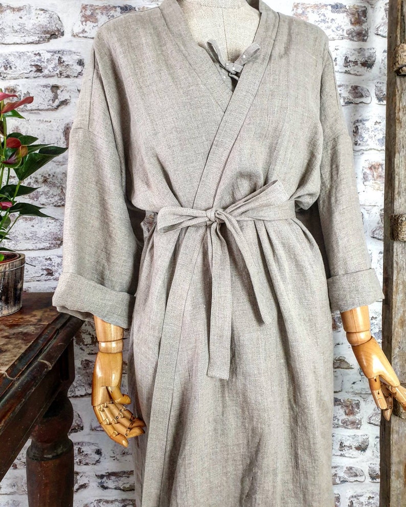 Linen bath robe, soft natural linen kimono robe, stonewashed linen white black beige blue green long robe, raw linen clothes, linen bathrobe image 10