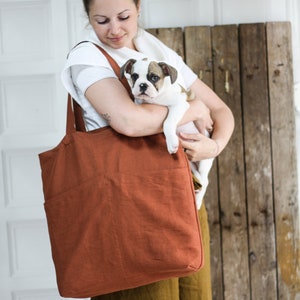 Natural linen tote bag, black mint white denim red yellow rust pink linen shopping bag, oversized linen beach bag, market bag, reusable bag image 2