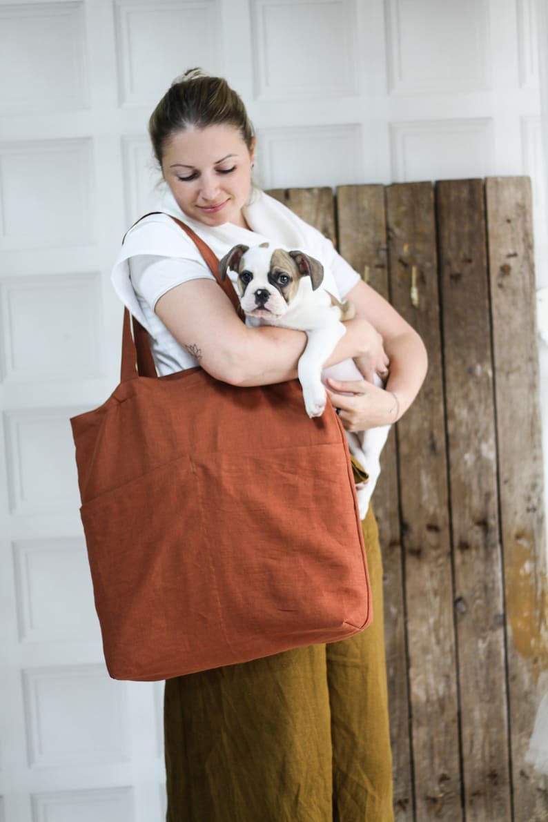 Natural linen tote bag, black mint white denim red yellow rust pink linen shopping bag, oversized linen beach bag, market bag, reusable bag image 2