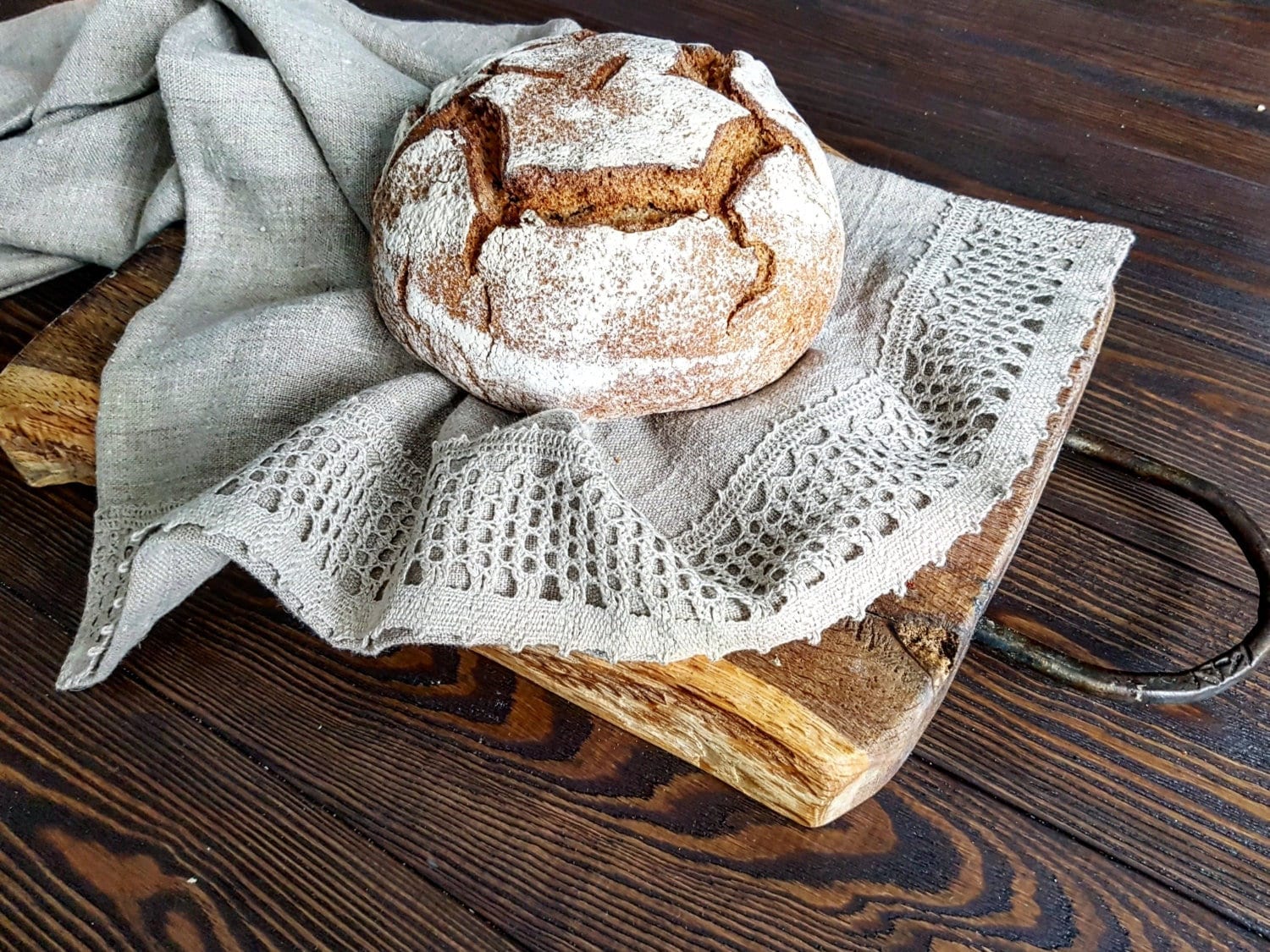 Rustic linen kitchen towels with laces, raw linen tea towel with lace, undyed natural beige linen dining towel, heavy linen kitchen towel