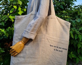 Personalized linen tote bag, shopping bag with custom quotes on, linen tote bag, big tote bag, big shopping bag, beach bag, rustic tote bag