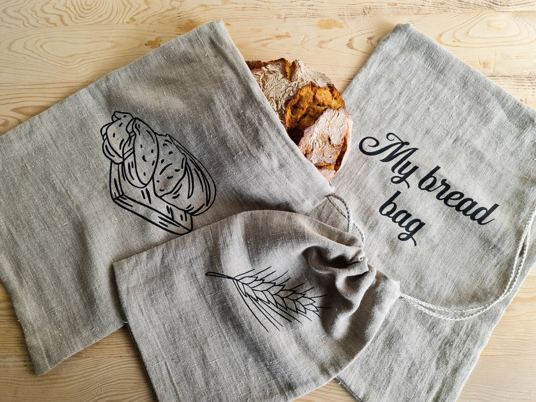 Printed Linen Bread Bag Set, Natural Linen Bread Loaf Bags With ...