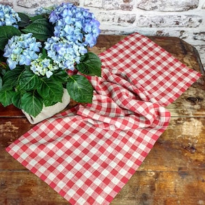 Op de afbeelding: Een rode en witte geruite linnen tafelrunner. De runner is dubbelgevouwen en over een houten tafel gelegd. Een potplant met blauwe hortensia's staat op de voorgrond.