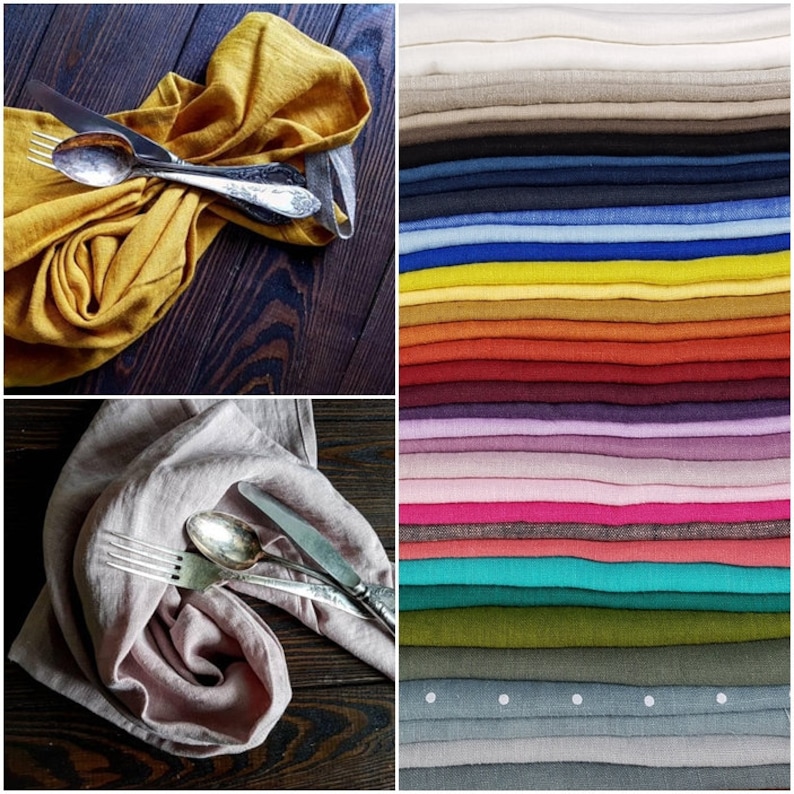 Puede incluir: Un juego de dos servilletas de lino, una amarilla y otra rosa, cada una doblada y colocada sobre una superficie de madera oscura con cubiertos de plata. Las servilletas est&aacute;n hechas de lino natural y tienen un tacto suave y texturizado.