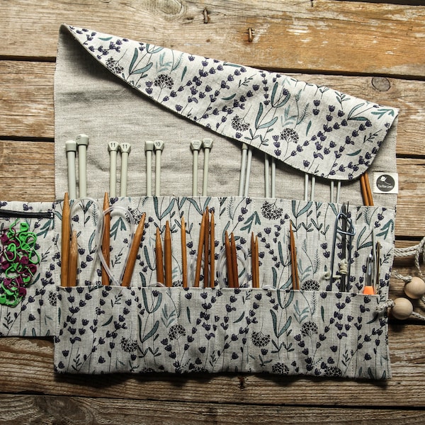 Rolled up knitting needle case, linen needle holder, linen needle organizer bag, knitting neeedle case from floral linen with small pocket