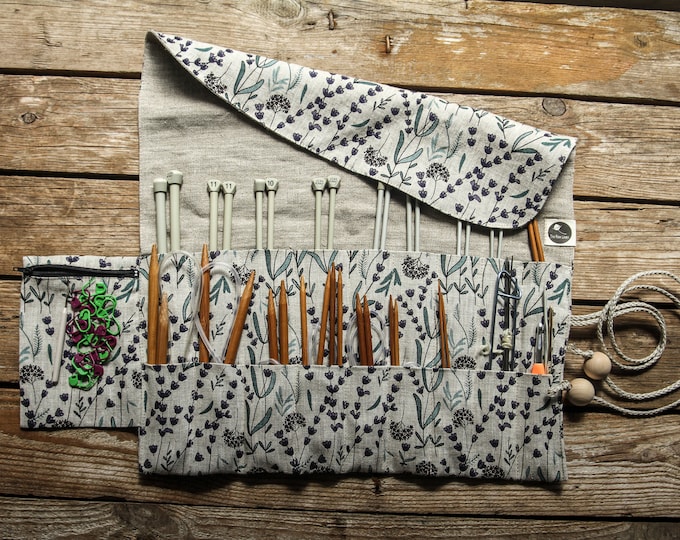 Rolled up knitting needle case, linen needle holder, linen needle organizer bag, knitting neeedle case from floral linen with small pocket