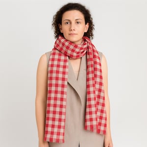 Checked linen scarf, soft natural linen unisex scarf, long stonewashed red beige linen scarf, linen scarf for women, checked linen shawl