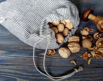 Linen drawstring bag, striped linen bread loaf bag with handmade flax cord, organic food storage, raw linen bag, washed linen bread loaf bag