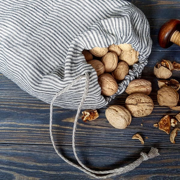 Linen drawstring bag, striped linen bread loaf bag with handmade flax cord, organic food storage, raw linen bag, washed linen bread loaf bag