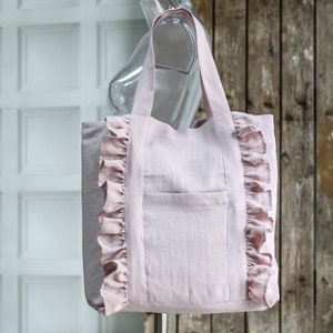 Ruffled tote bag from linen, linen shopping with ruffles custom color, with zipper and ruffles, linen lovely tote bag, image 4