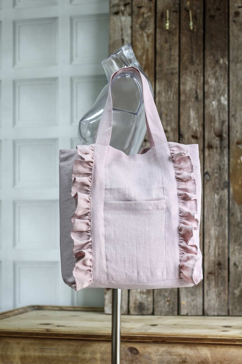 Ruffled tote bag from linen, linen shopping with ruffles custom color, with zipper and ruffles, linen lovely tote bag, image 4