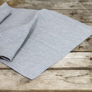 Striped linen table runner, rustic linen table decor, stonewashed linen farmhouse table center wide hem mitered corners long table runner