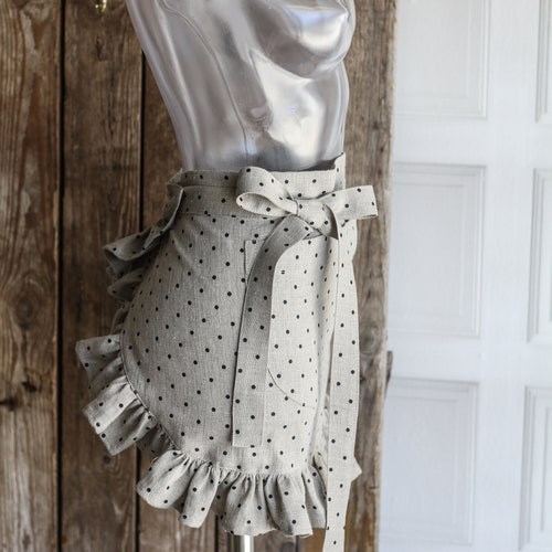 Schürze mit Rüschen, Leinen Bistroschürze mit Rüschen, Leinen Küchen Rüschen Kleid mit Rüschen, kurze Leinenschürze mit Rüschen und Tasche