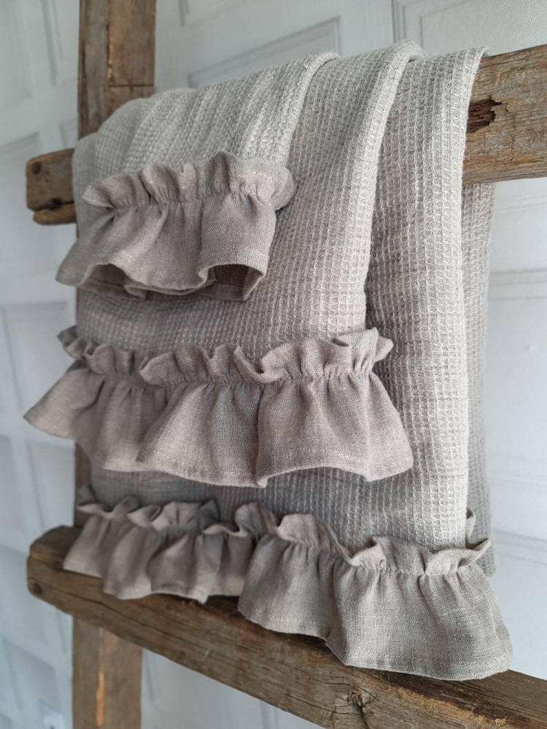 Waffle Linen Bath Towel With Ruffles Ruffled Sauna Towel Etsy