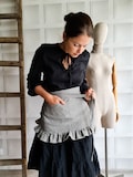Ruffled apron made from 100% linen, natural linen half apron,  kitchen dress apron with pocket, daily linen vintage rustic half apron product logo