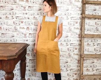 Cross back linen apron, Japanese style linen apron, no ties washed linen apron, mustard cross over linen apron, pinafore garden apron