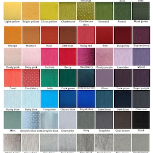 May include: A color chart of linen fabric swatches with different colors and patterns. The chart includes colors like white, off white, vanilla, sand, natural melange, natural dots, natural white dots, natural black dots, light yellow, bright yellow, citrus yellow, chartreuse, chartreuse dots, emerald, forest, moss green, orange, mustard, rust, dark rust, rusty red, red, burgundy, boysenberry, dusty pink, baby pink, fuchsia, berry, raspberry, dusty purple, lavender, violet, coral, coral dots, jade, dark green, deep sea green, plum, dark plum, royal purple, dusty blue, baby blue, turquoise, classic blue, royal blue, steel blue, dark blue, charcoal, mint, greyish blue dots, greyish blue, dove grey, grey, graphite, cool brown, black, white beige stripes, tiny white beige stripes, tiny blue beige stripes, blue beige stripes, tiny black beige stripes, black beige stripes, tiny green beige stripes, green beige stripes, white beige checks, grey beige checks, blue beige checks, red beige checks, black white checks, lavender flowers, off white black stripes, gold dots.