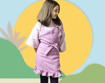 Linen kids apron with ruffles, ruffled linen kitchen dress for girl, matching mom and doughter ruffled aprons, custom color kids apron