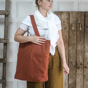 Natural linen tote bag, black mint white denim red yellow rust pink linen shopping bag, oversized linen beach bag, market bag, reusable bag image 5