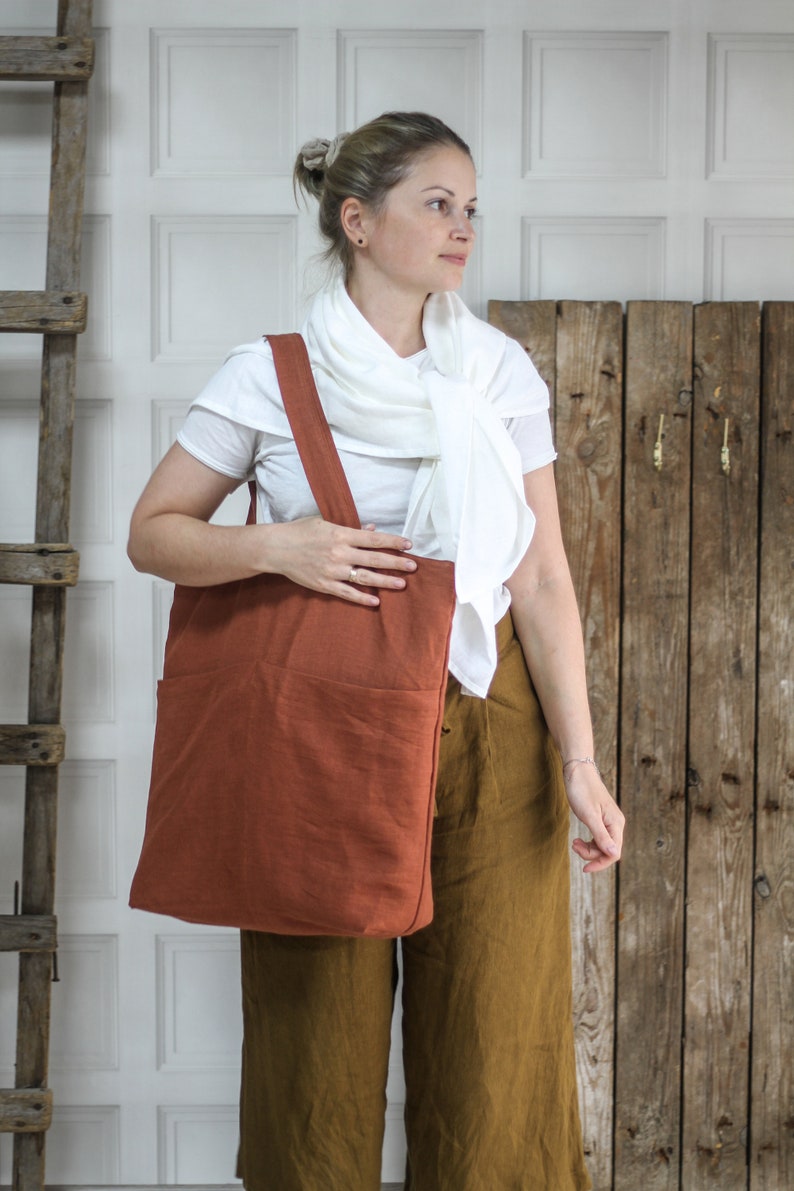 Natural linen tote bag, black mint white denim red yellow rust pink linen shopping bag, oversized linen beach bag, market bag, reusable bag image 5