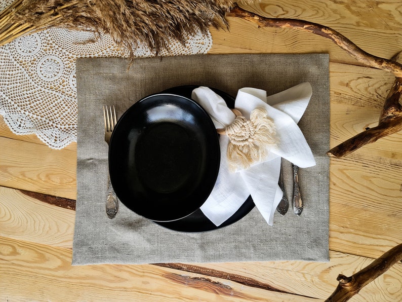 Rough linen placemats set wide hem mitered corners natural Etsy