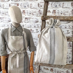 Burlap linen laudry bag, beige striped grain sack bag, reusable storage bag with handmade cord, large laundry bag, large raw linen ditty bag