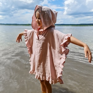 Linen poncho with ruffles, ruffled kids poncho,  linen kids towel, linen beach poncho for kids, pink white yellow blue linen poncho