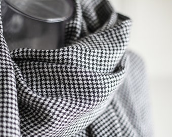 Long and wide dogtooth pattern linen scarf, checked houndstooth black and white oversized linen scarf, gingham linen shawl