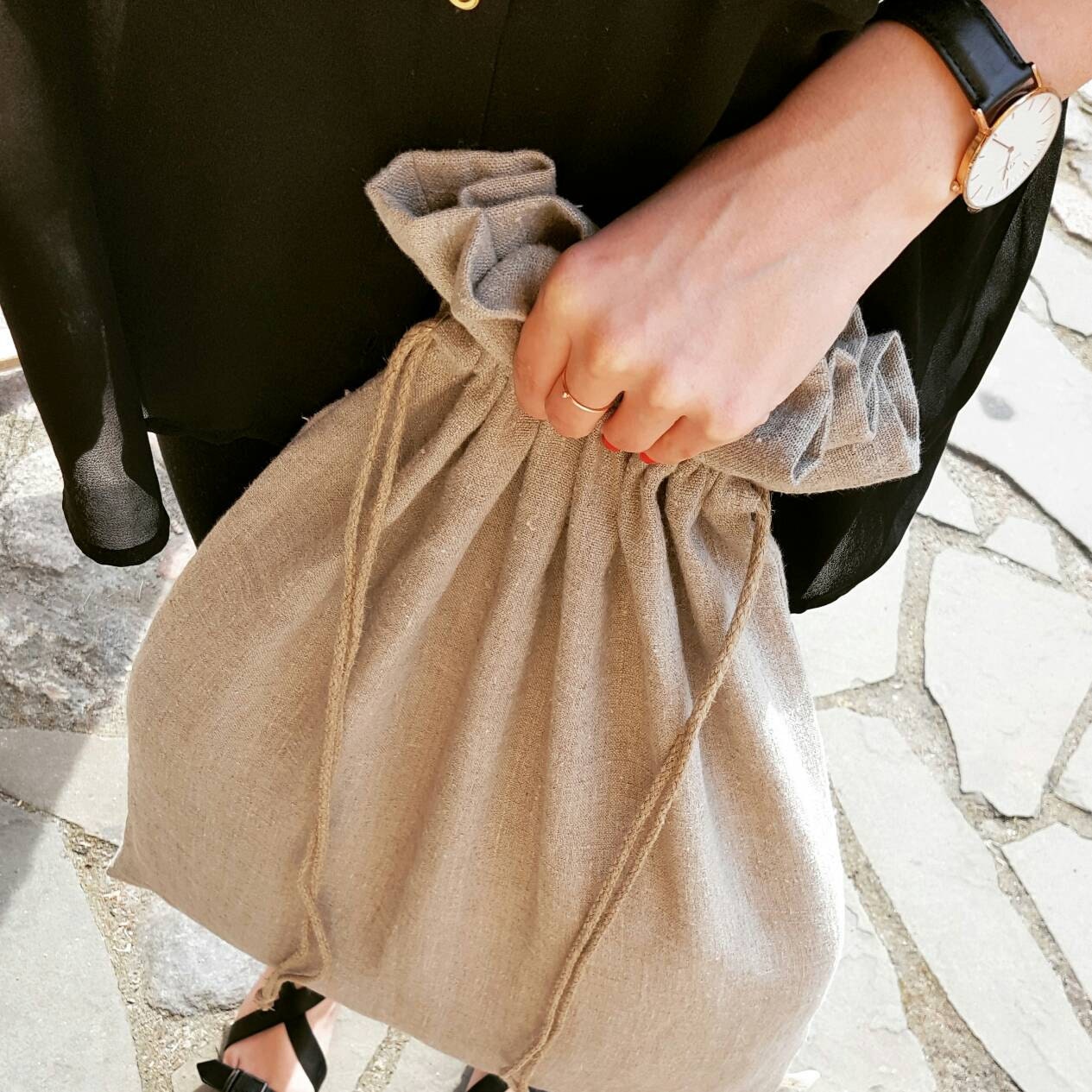 Linen Laundry Bag, Large Beige Raw Linen Handmade Bag, Flax Fabric