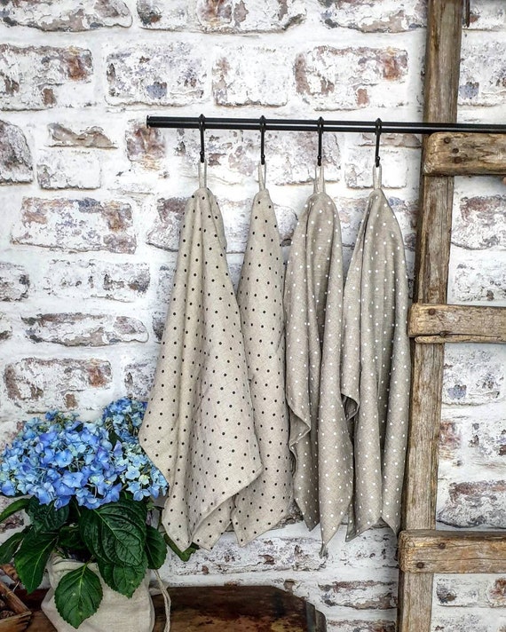 Washed linen kitchen towel, natural stonewashed linen tea towel, organic beige black or white dots linen towel, linen vegan towel dishtowel