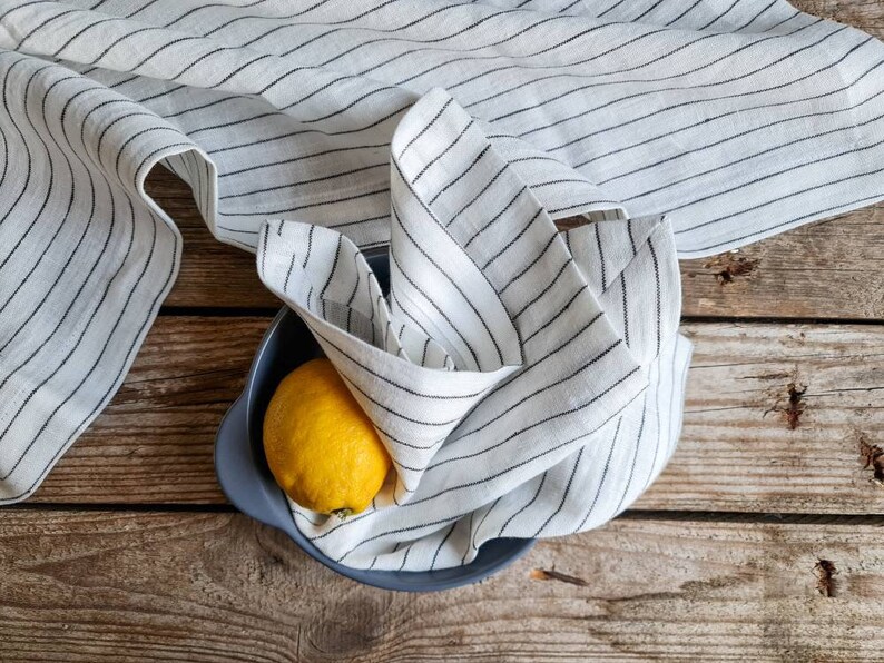 Striped linen table runner, rustic linen table decor, white linen farmhouse table center wide hem mitered corners, long linen table runner image 3