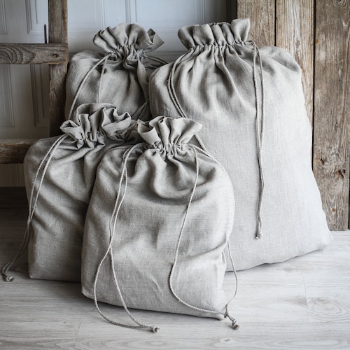 Linen Laundry Bag, Large Beige Raw Linen Handmade Bag, Flax Fabric