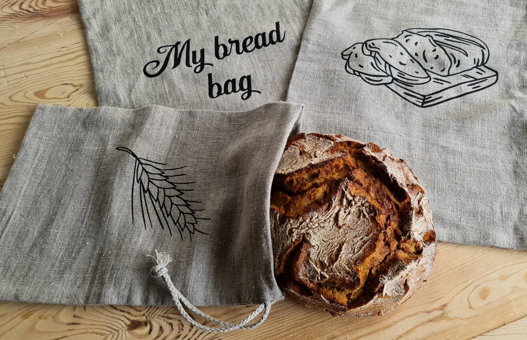Printed Linen Bread Bag Set, Natural Linen Bread Loaf Bags With ...