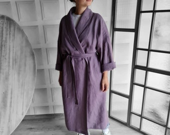 Linen dressing gown, natural linen kimono robe, stonewashed linen custom color long robe, raw linen clothes, washed linen bathrobe