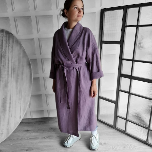 Linen dressing gown, natural linen kimono robe, stonewashed linen custom color long robe, raw linen bath clothes, washed linen wrap bathrobe