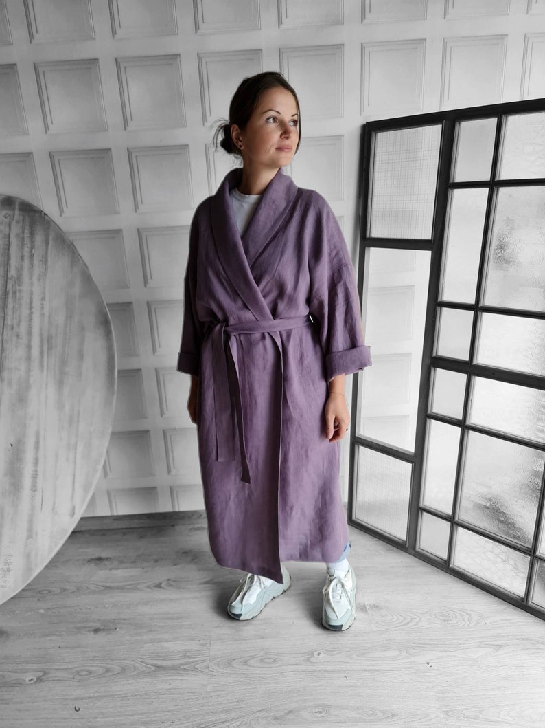 Linen dressing gown, natural linen kimono robe, stonewashed linen custom color long robe, raw linen clothes, washed linen bathrobe image 1