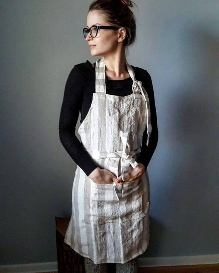 Tablier De Cuisine En Lin - Style Inspiré Rae Dunn - Beige, 100% Coton - Neuf