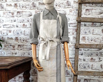 Delantal de lino Burlap, vestido de cocina de lino áspero, delantal de lino grueso con bolsillos, delantal de lino lavado diariamente, delantal rústico vintage a rayas completas