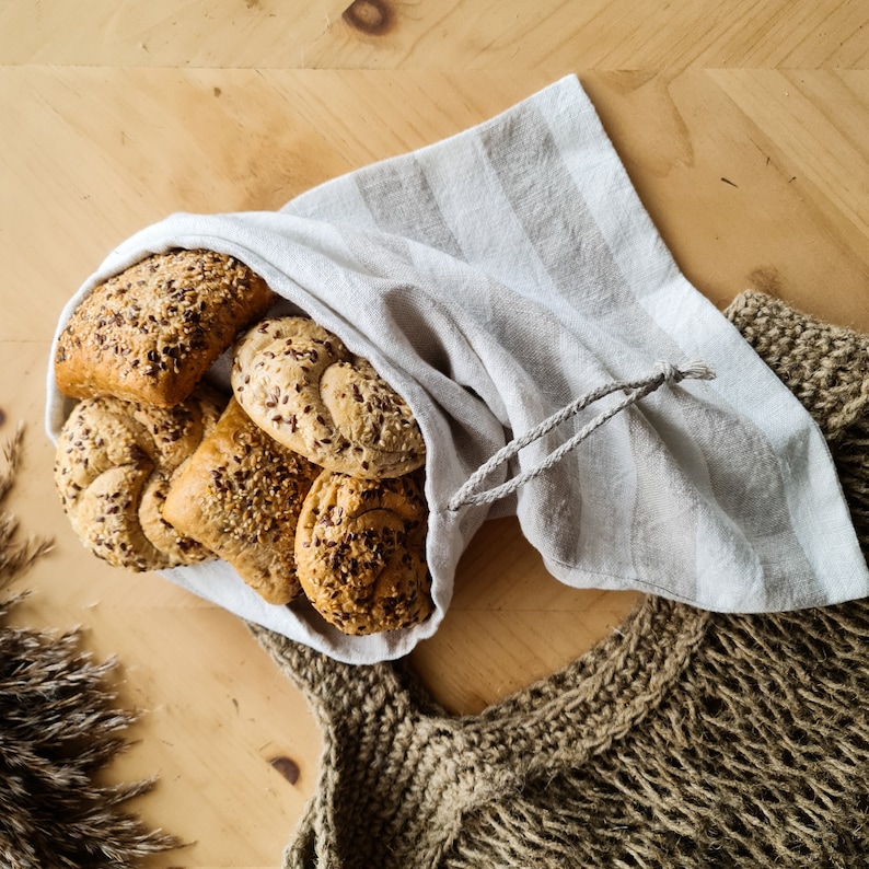 Striped linen bread bag, rough linen bag, bread loaf bag, reusable kitchen bag, vegan bag, organic food bag, drawstring linen storage bag image 1