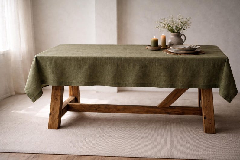 Green 100% Linen Tablecloth, Rustic Farmhouse Natural Linen Dining Table Cover, Custom Size, many colors to choose from image 3